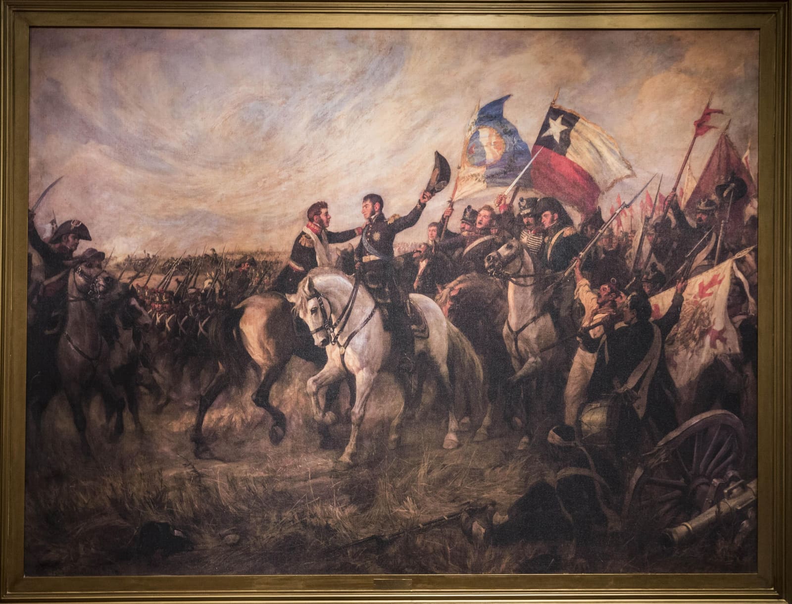 El Abrazo de Maipú. Representación histórica del encuentro entre Bernardo O’Higgins y José de San Martín tras la victoria patriota del 5 de abril de 1818, que consolidó la independencia de Chile.