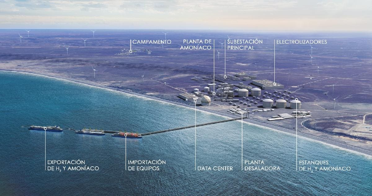 Recreación del proyecto HNH Energy en San Gregorio, Magallanes, que contempla una inversión de US$11.000 millones y la producción de amoníaco verde para exportación